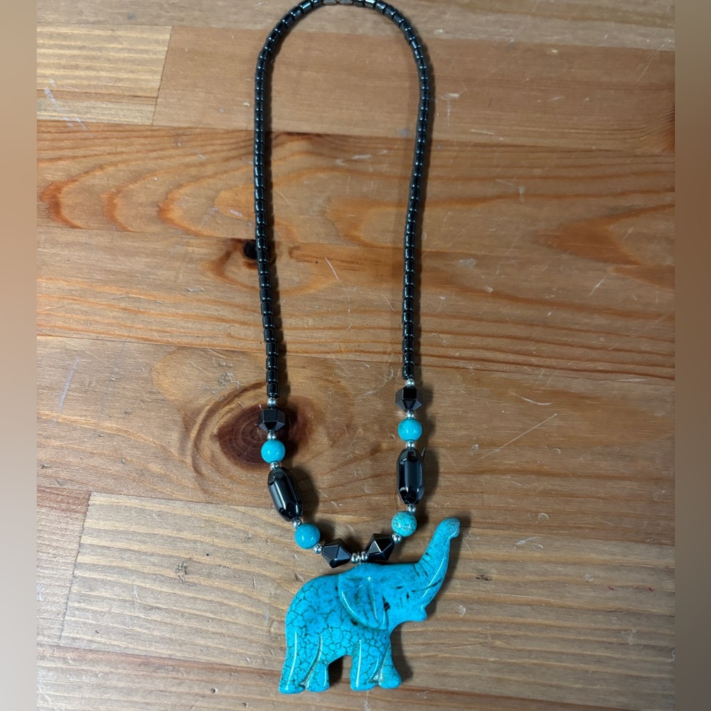 Hand Crafted Black and Turquoise Elephant Necklace